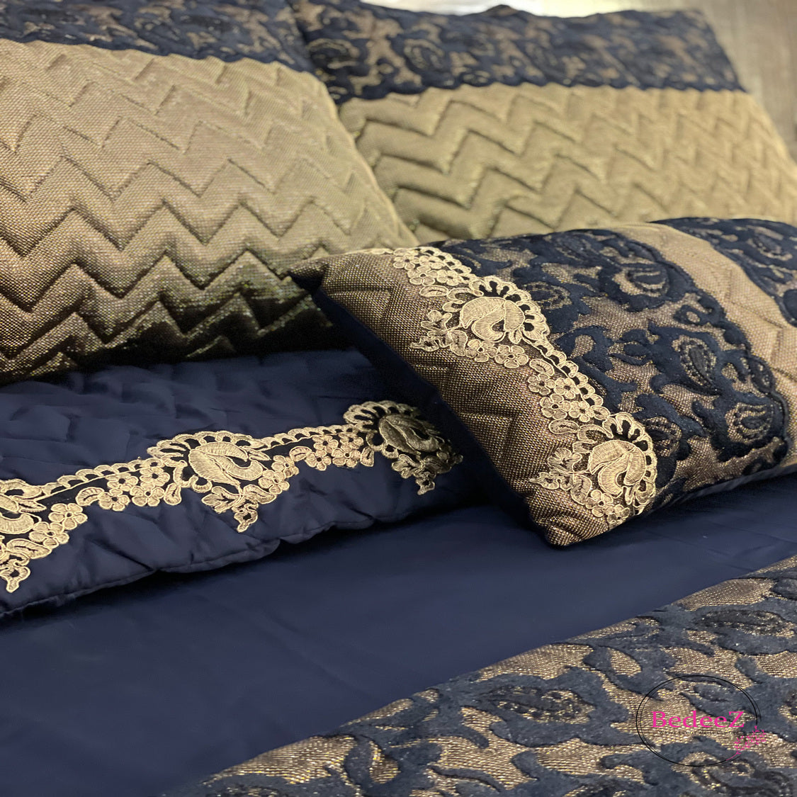 Midnight Blue Lace Embroidered Bed Set2.0