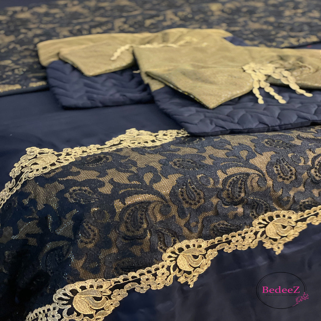 Midnight Blue Lace Embroidered Bed Set6.0