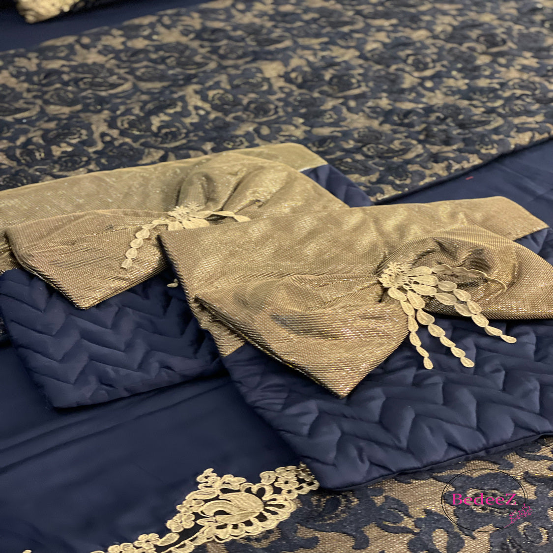 Midnight Blue Lace Embroidered Bed Set7.0