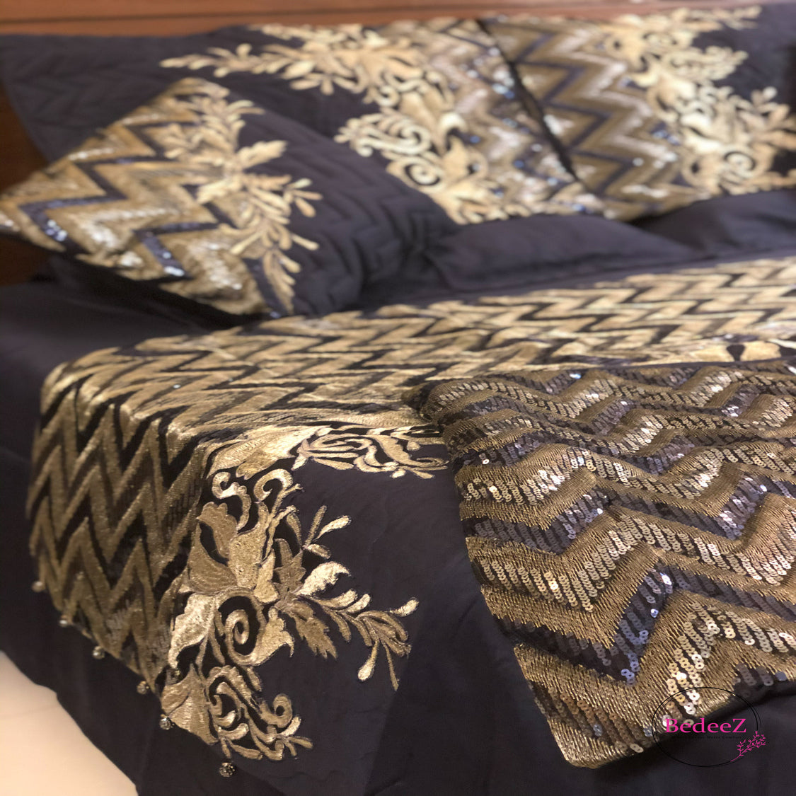 Royal Blue and Gold Embroidered Bed Set2.0